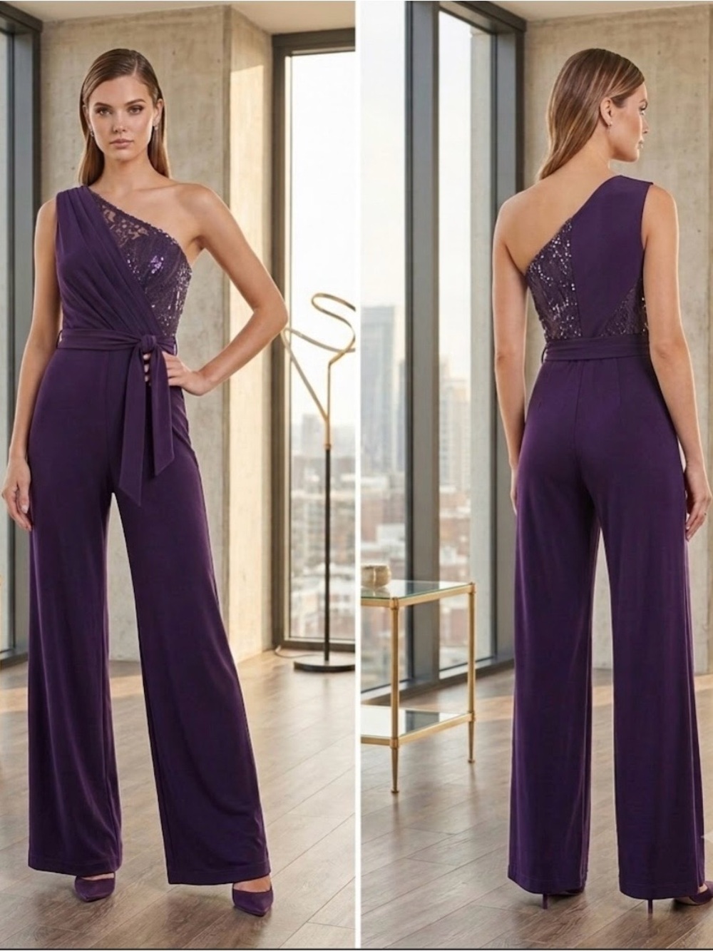 🔴Jumpsuit Dark Purple Jersey One Shoulder-Size S